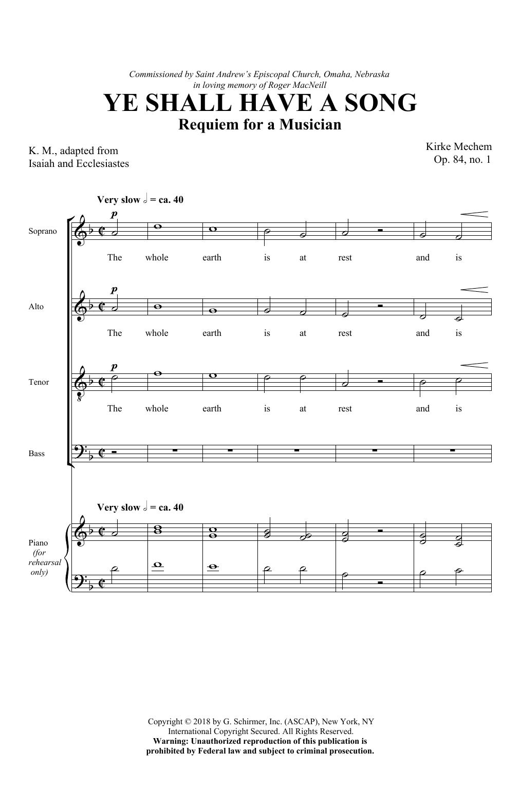 Download Kirke Mechem Ye Shall Have A Song Sheet Music and learn how to play SATB Choir PDF digital score in minutes