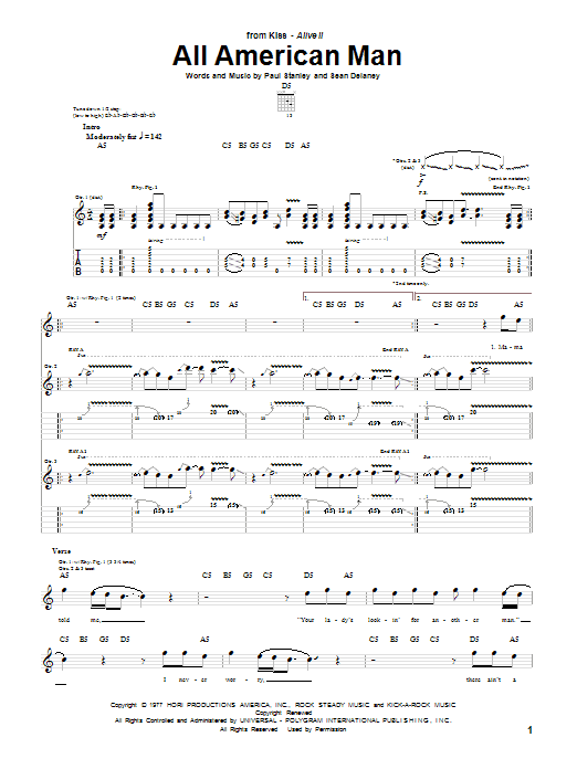 Download KISS All American Man Sheet Music and learn how to play Guitar Tab PDF digital score in minutes
