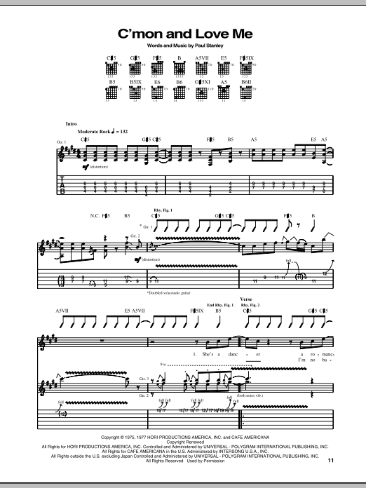 Download KISS C'mon And Love Me Sheet Music and learn how to play Guitar Tab PDF digital score in minutes