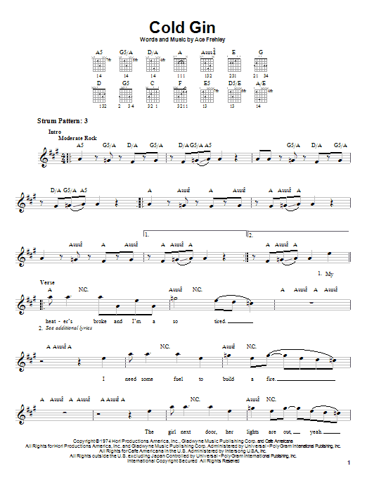 Download Kiss Cold Gin Sheet Music and learn how to play Guitar Tab PDF digital score in minutes