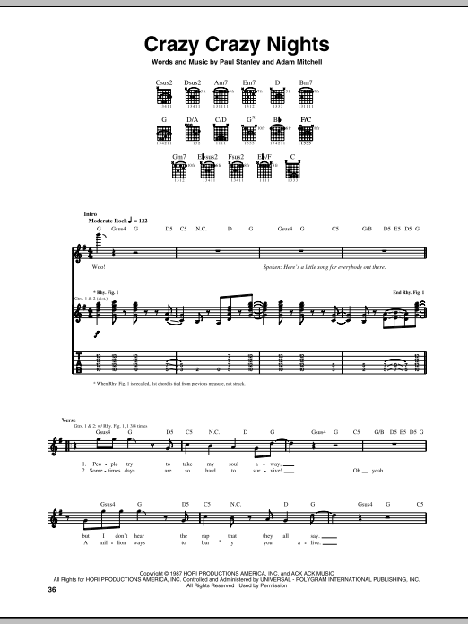 Download KISS Crazy Crazy Nights Sheet Music and learn how to play Guitar Tab PDF digital score in minutes