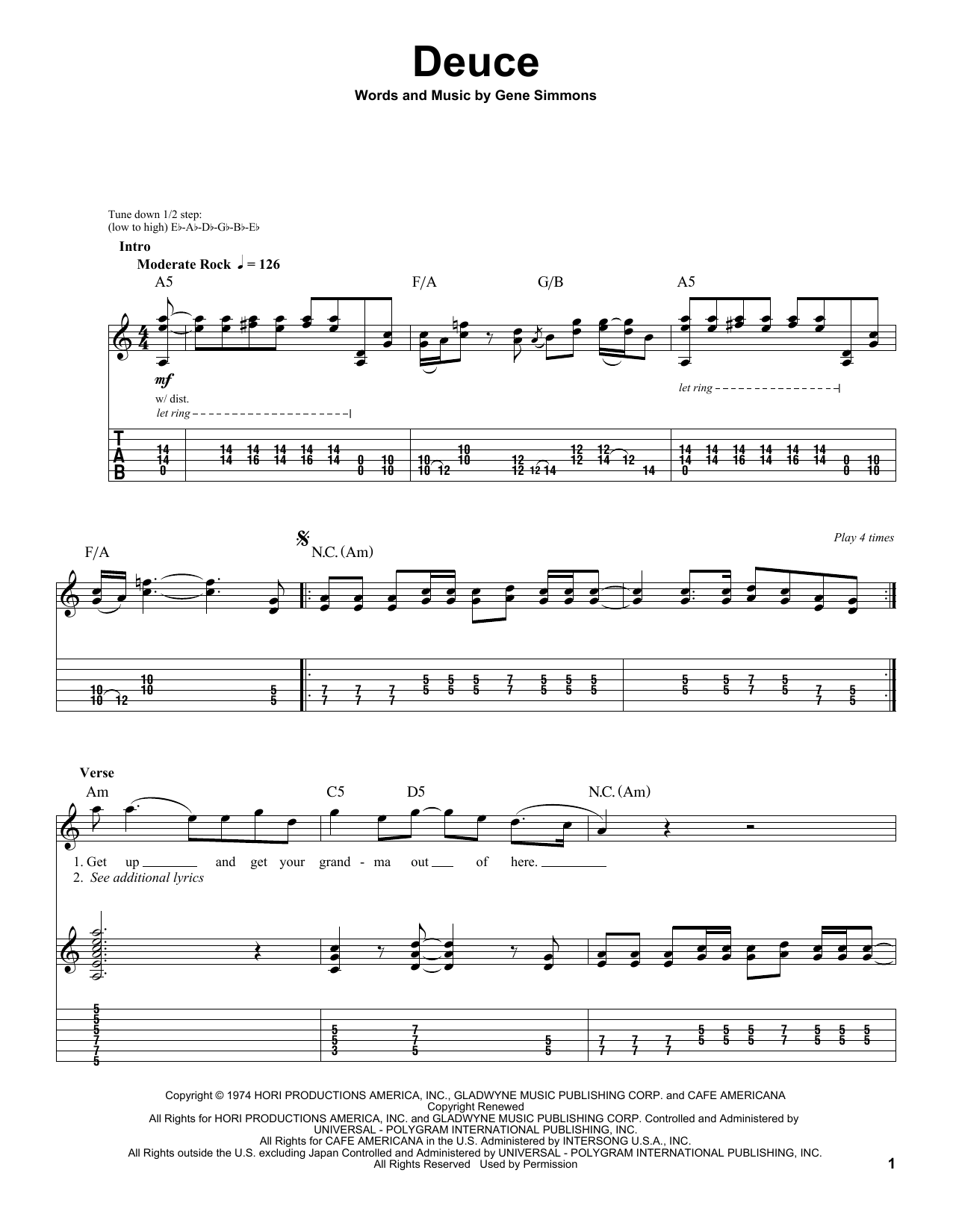 Download KISS Deuce Sheet Music and learn how to play Guitar Tab (Single Guitar) PDF digital score in minutes