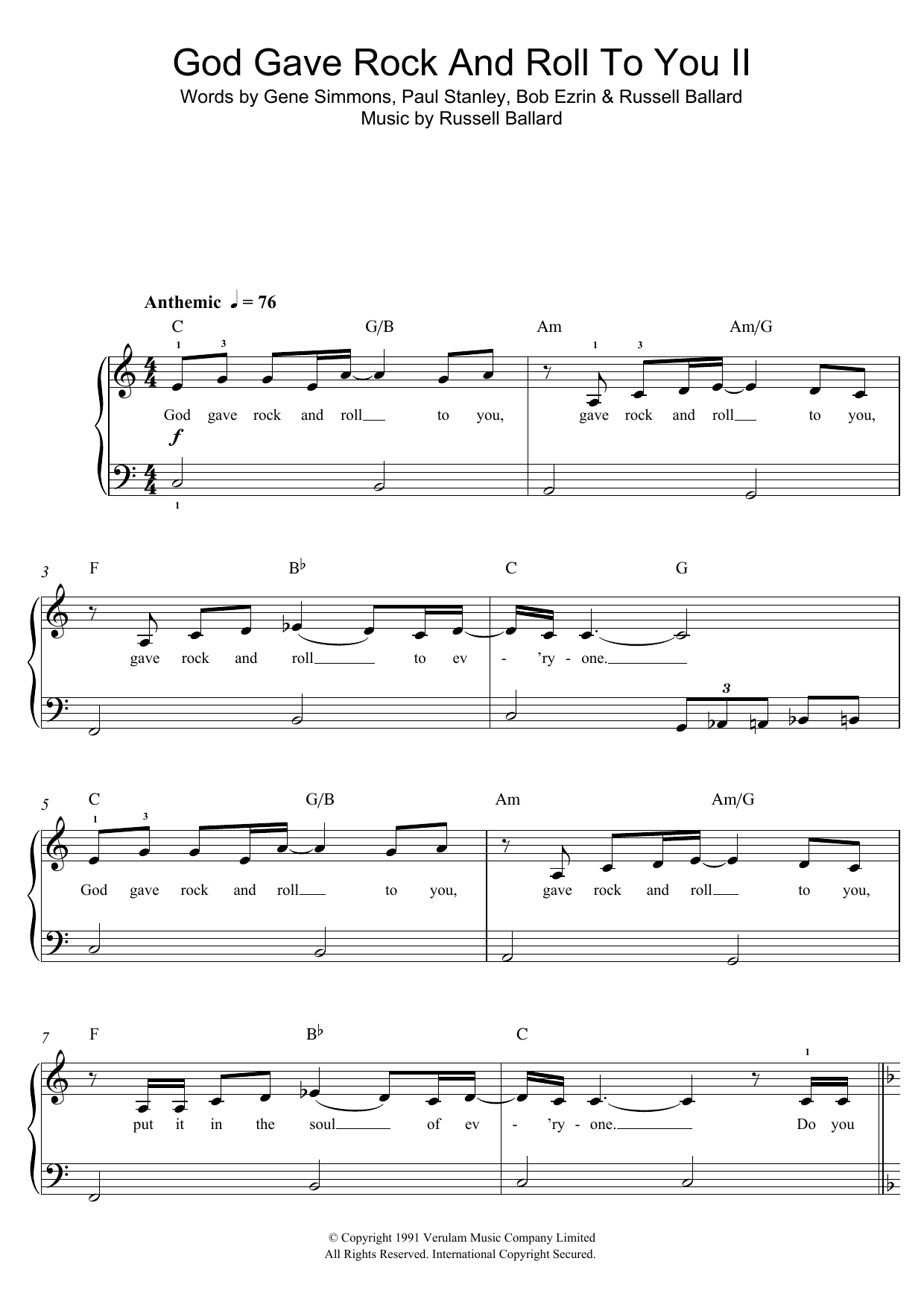 Download KISS God Gave Rock And Roll To You II Sheet Music and learn how to play Beginner Piano PDF digital score in minutes