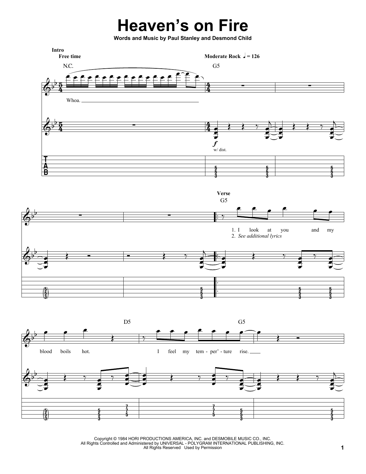 Download KISS Heaven's On Fire Sheet Music and learn how to play Bass Guitar Tab PDF digital score in minutes