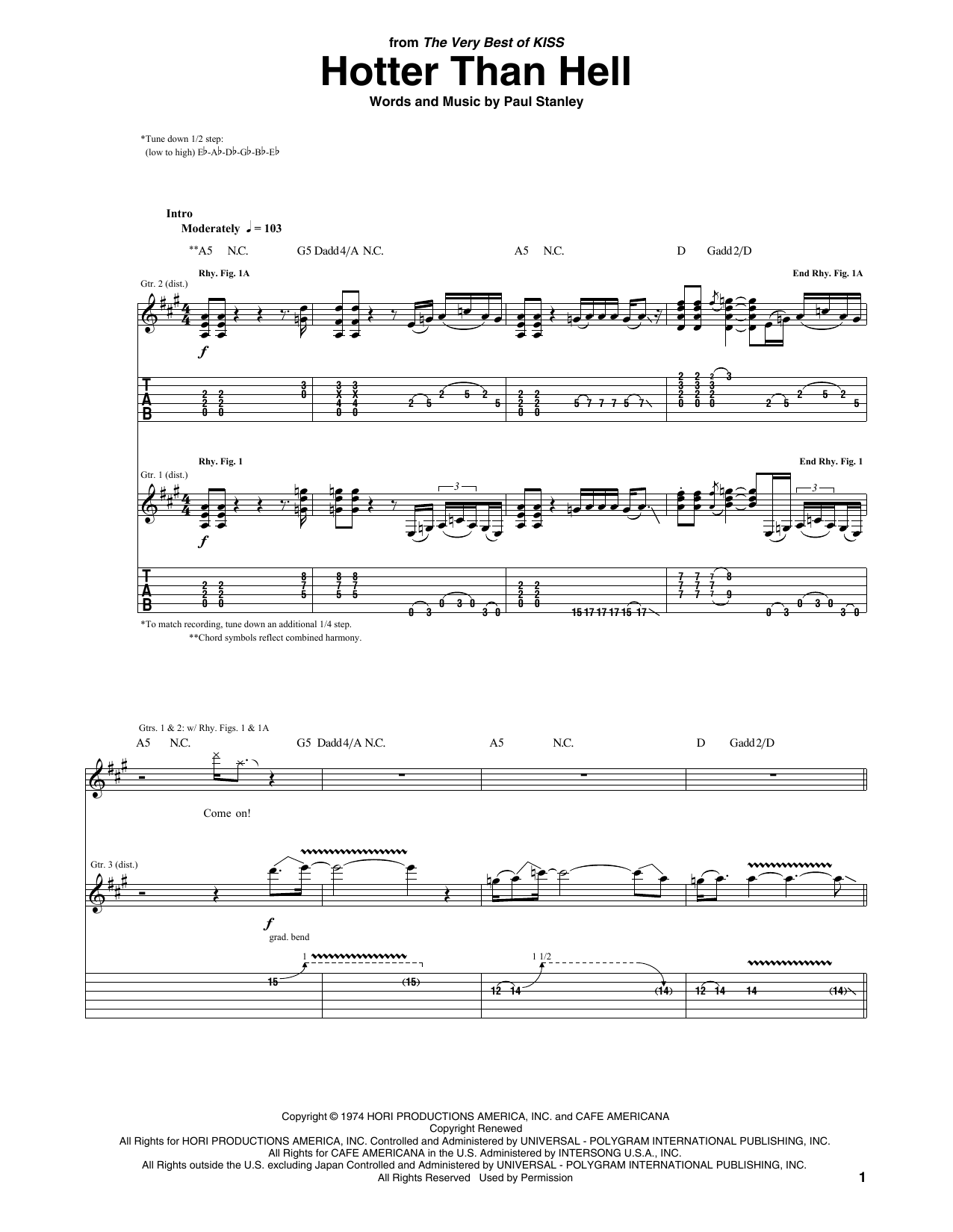 Download KISS Hotter Than Hell Sheet Music and learn how to play Guitar Tab PDF digital score in minutes