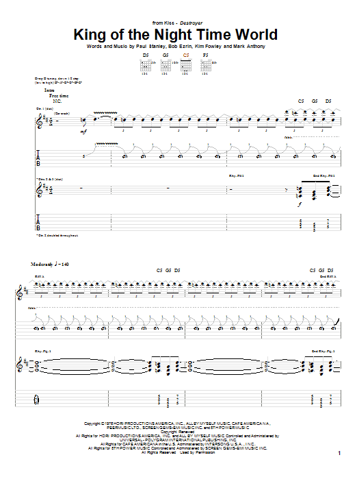 Download KISS King Of The Night Time World Sheet Music and learn how to play Guitar Tab PDF digital score in minutes