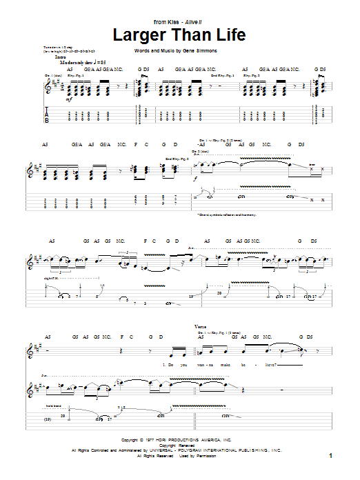 Download KISS Larger Than Life Sheet Music and learn how to play Guitar Tab PDF digital score in minutes