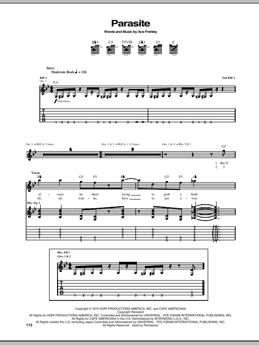 Download KISS Parasite Sheet Music and learn how to play Guitar Tab PDF digital score in minutes