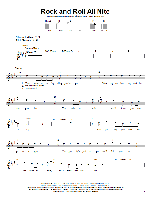 Download Kiss Rock And Roll All Nite Sheet Music and learn how to play Guitar Lead Sheet PDF digital score in minutes