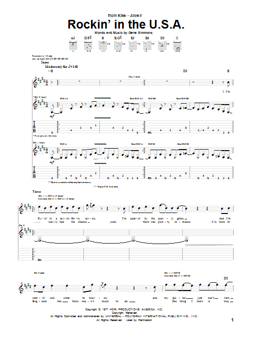 Download KISS Rockin' In The U.S.A. Sheet Music and learn how to play Guitar Tab PDF digital score in minutes