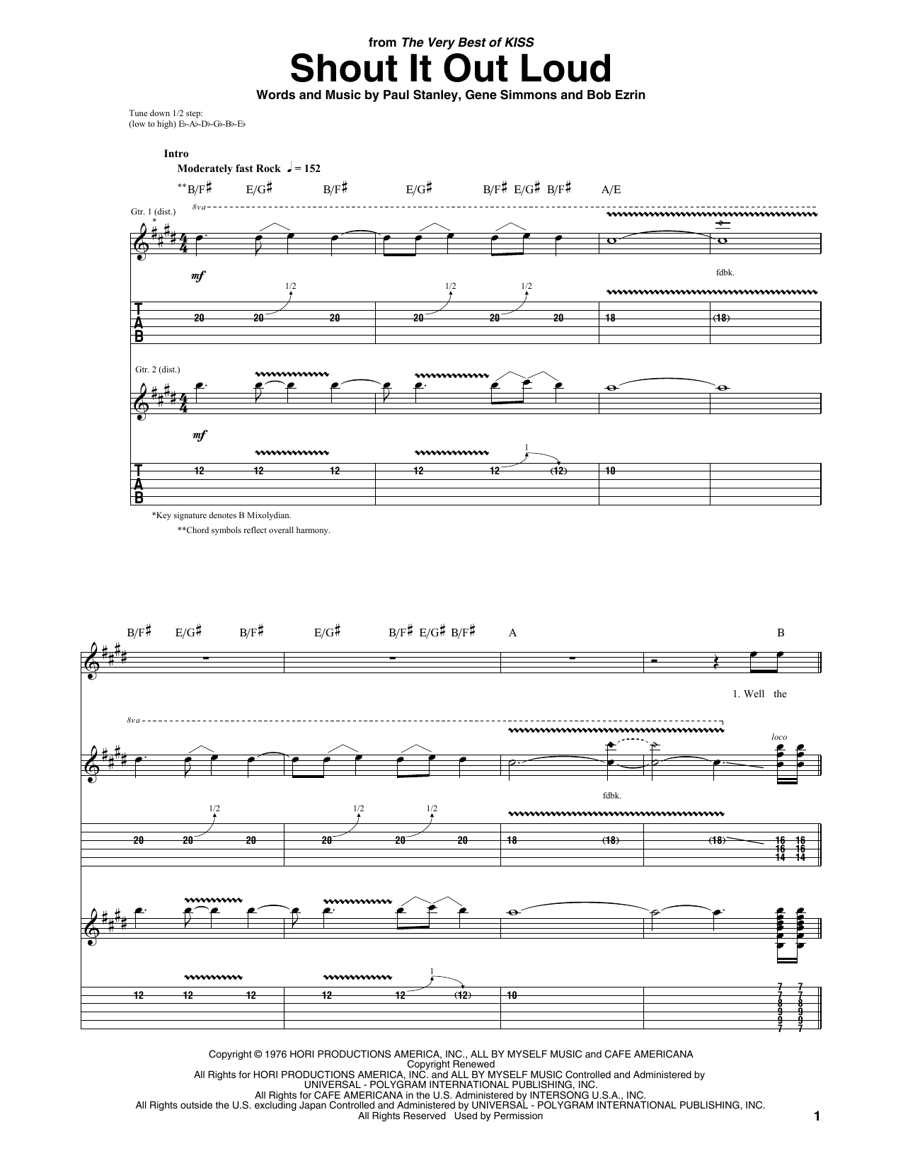 Download KISS Shout It Out Loud Sheet Music and learn how to play Bass Guitar Tab PDF digital score in minutes