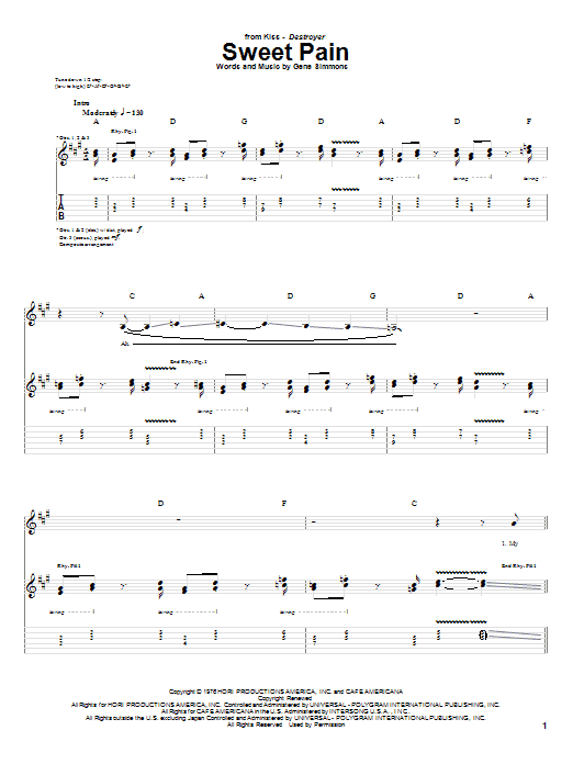 Download KISS Sweet Pain Sheet Music and learn how to play Guitar Tab PDF digital score in minutes