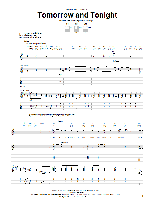 Download KISS Tomorrow And Tonight Sheet Music and learn how to play Guitar Tab PDF digital score in minutes