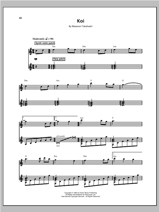 Download Kitaro Koi Sheet Music and learn how to play Piano, Vocal & Guitar (Right-Hand Melody) PDF digital score in minutes