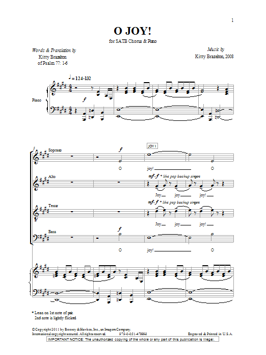 Download Kitty Brazelton O Joy! Sheet Music and learn how to play SATB PDF digital score in minutes