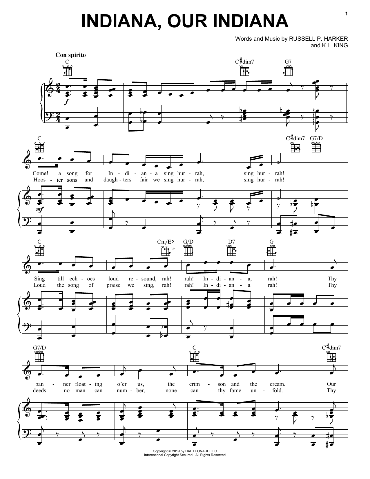 Download K.L. King Indiana, Our Indiana Sheet Music and learn how to play Piano, Vocal & Guitar Chords (Right-Hand Melody) PDF digital score in minutes