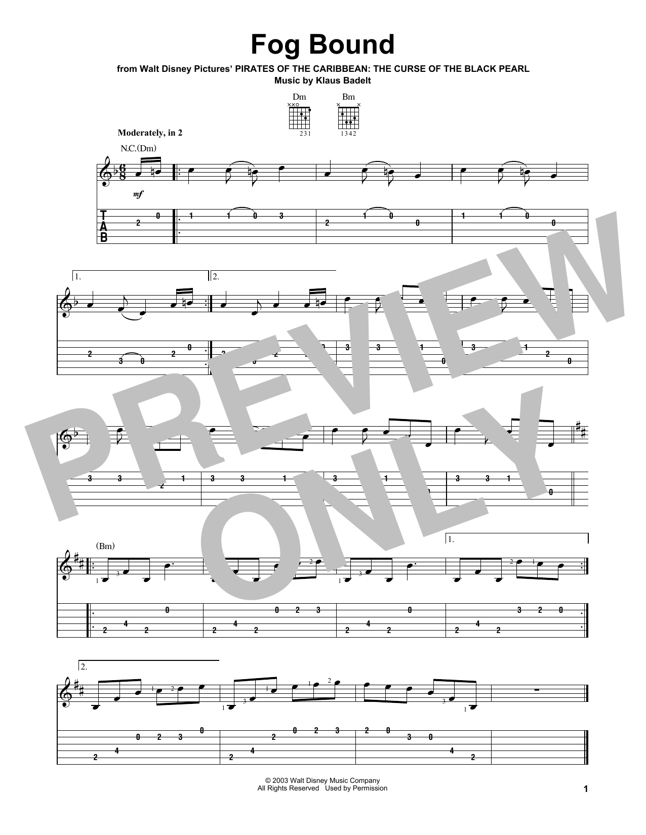 Download Klaus Badelt Fog Bound Sheet Music and learn how to play Easy Guitar Tab PDF digital score in minutes