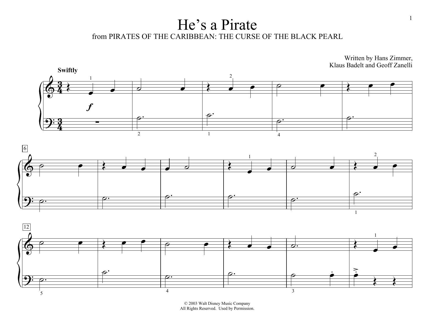 Download Klaus Badelt He's A Pirate (from Pirates Of The Caribbean: The Curse of the Black Pearl, arr. Sheet Music and learn how to play Educational Piano PDF digital score in minutes