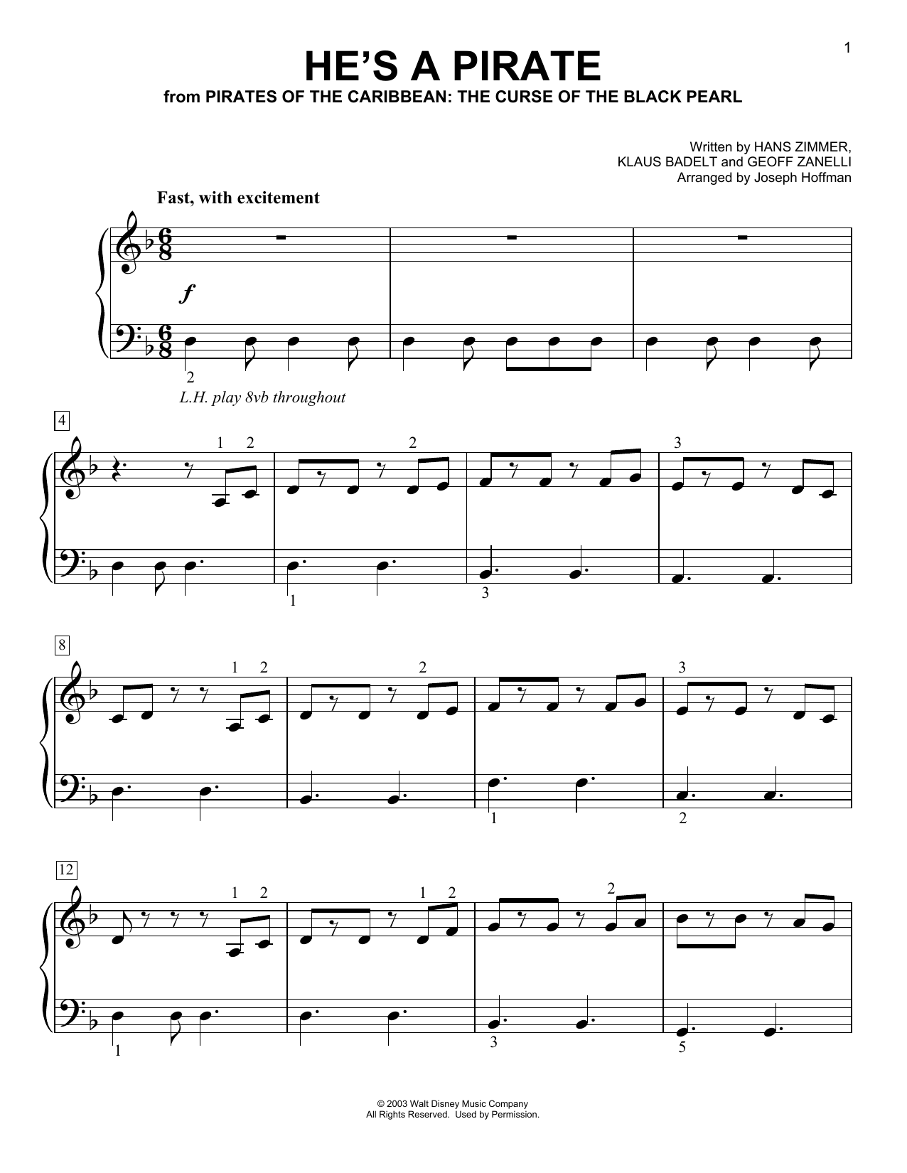 Download Hans Zimmer He's A Pirate (from Pirates Of The Caribbean: The Curse Of The Black Pearl) (arr Sheet Music and learn how to play Easy Piano PDF digital score in minutes