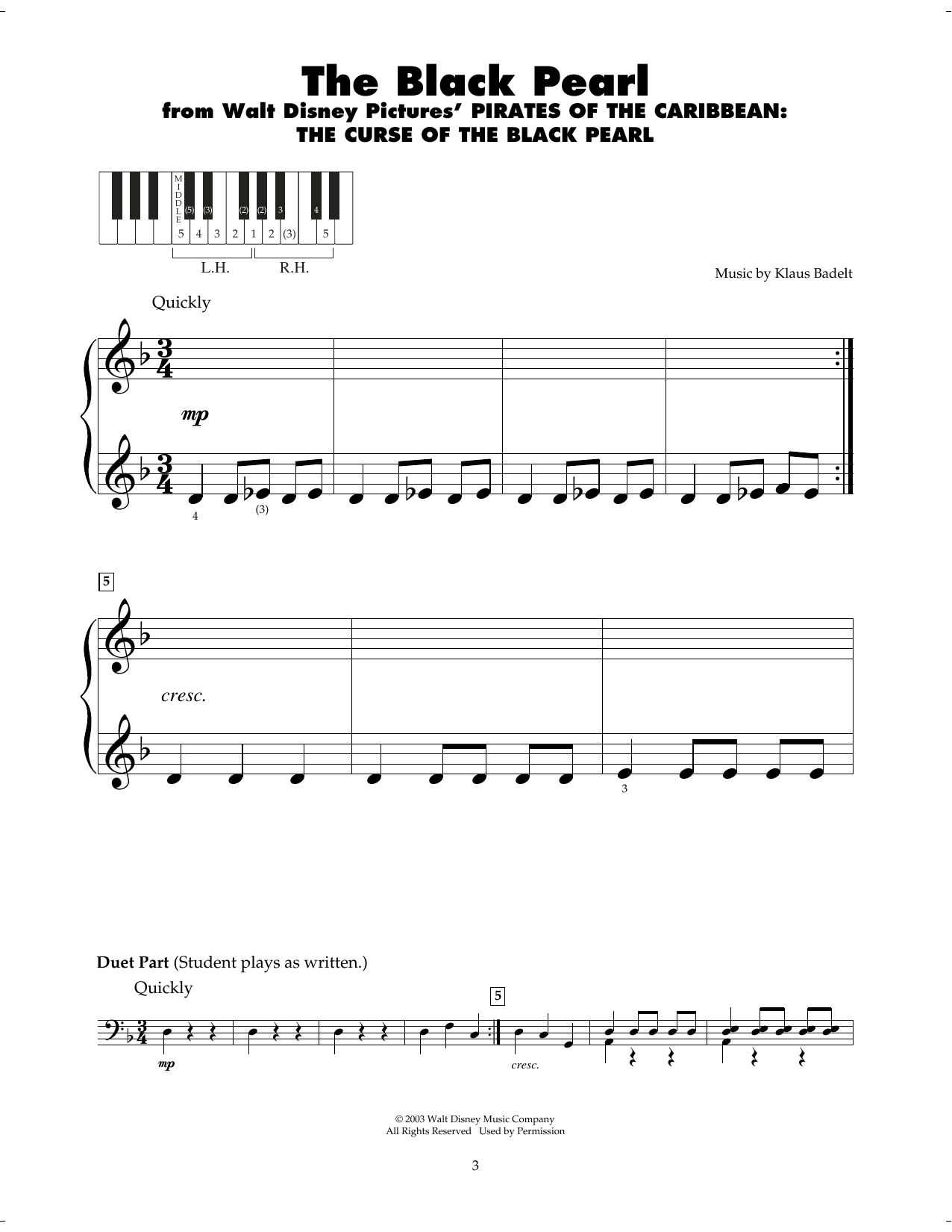 Download Klaus Badelt The Black Pearl (from Pirates Of The Caribbean: The Curse of the Black Pearl) Sheet Music and learn how to play 5-Finger Piano PDF digital score in minutes