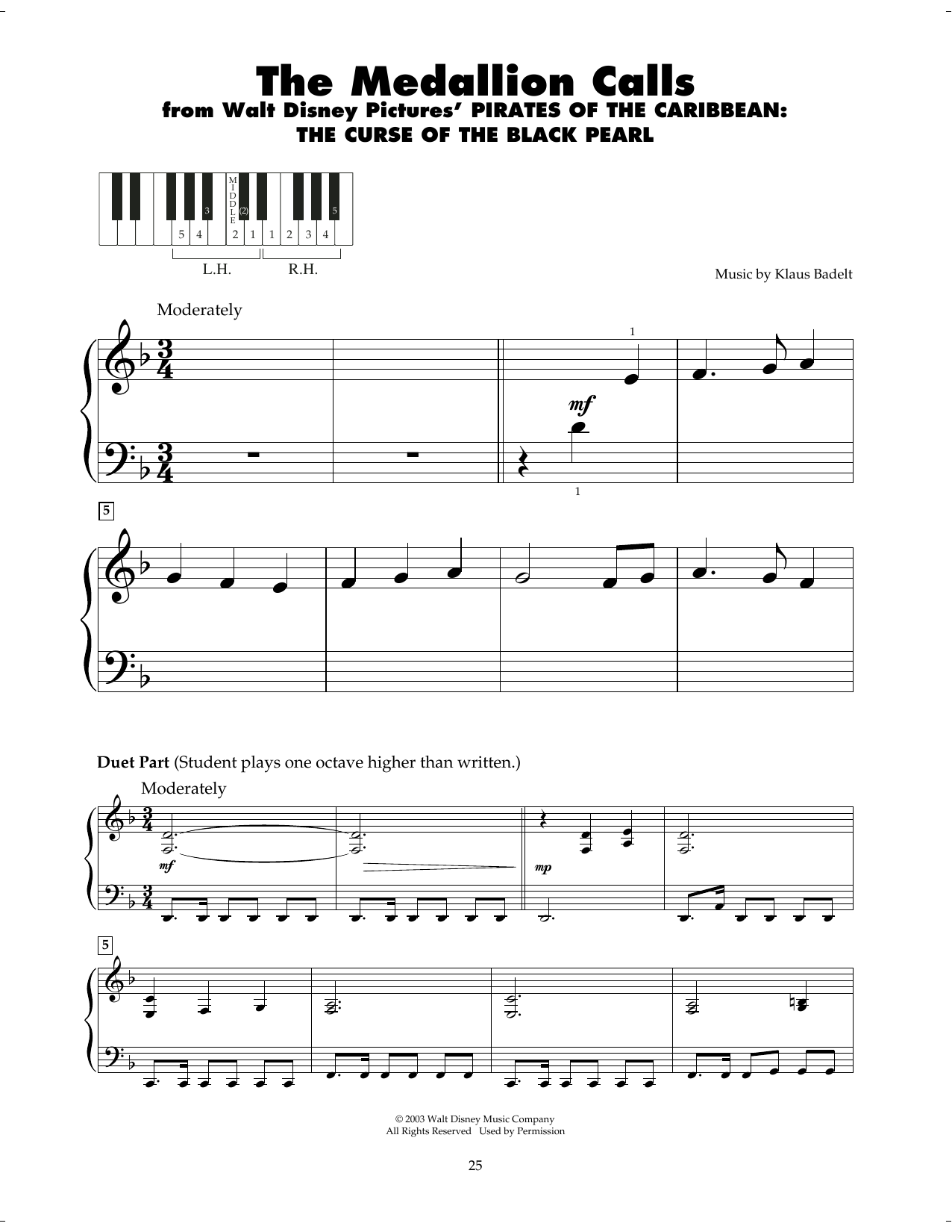 Download Klaus Badelt The Medallion Calls (from Pirates Of The Caribbean: The Curse of the Black Pearl Sheet Music and learn how to play 5-Finger Piano PDF digital score in minutes