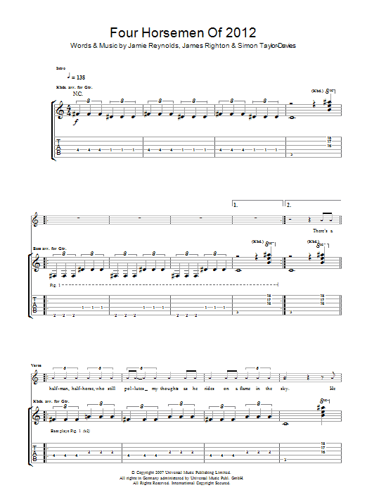 Download Klaxons Four Horsemen Of 2012 Sheet Music and learn how to play Guitar Tab PDF digital score in minutes