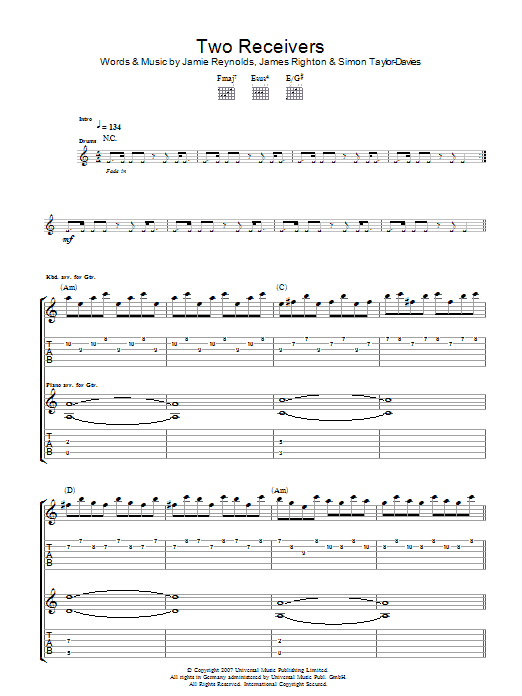 Download Klaxons Two Receivers Sheet Music and learn how to play Guitar Tab PDF digital score in minutes