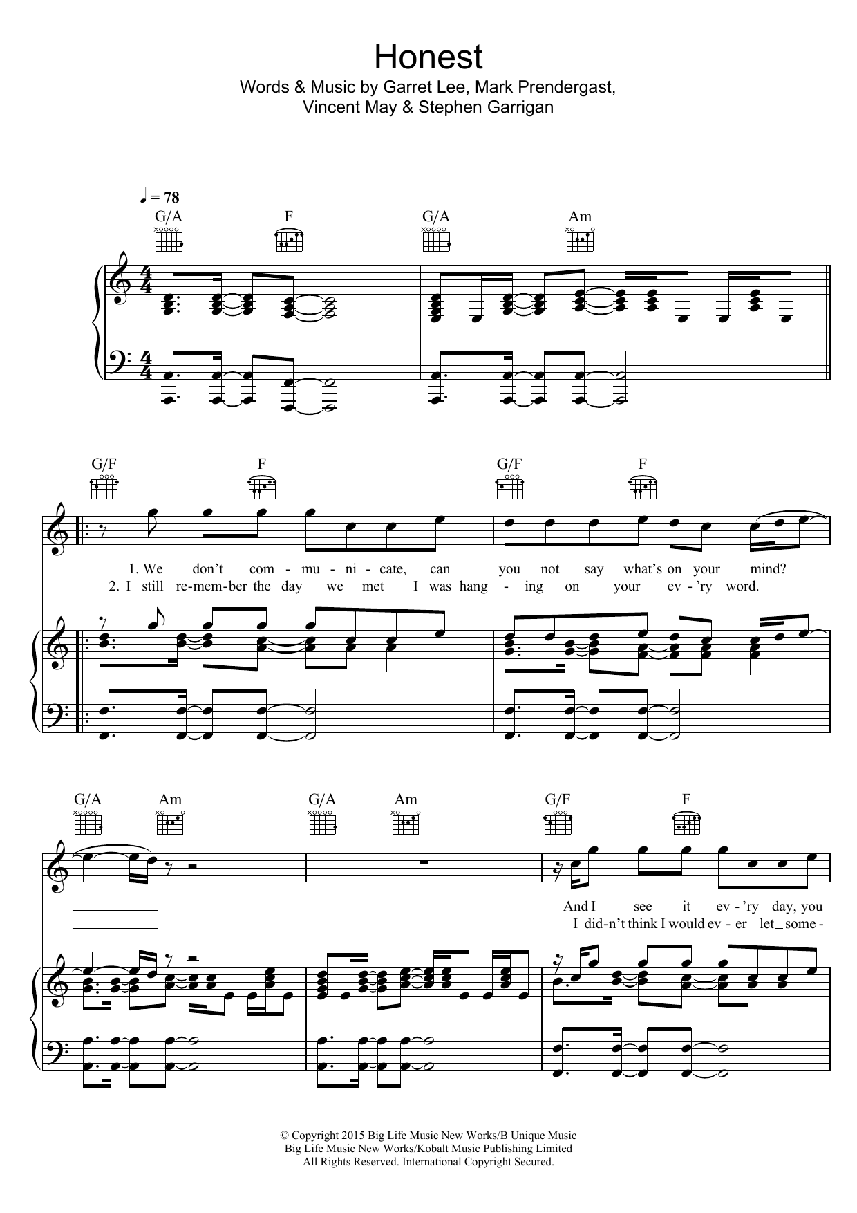 Download Kodaline Honest Sheet Music and learn how to play Piano, Vocal & Guitar (Right-Hand Melody) PDF digital score in minutes