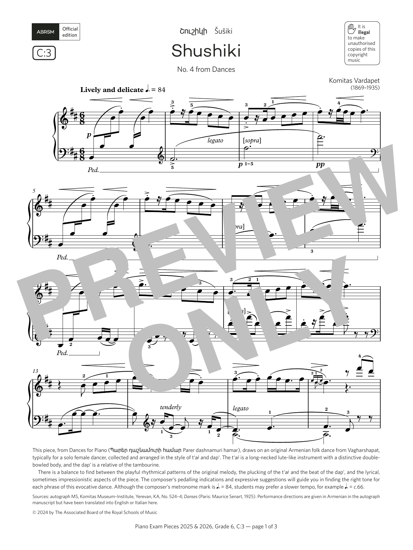 Download Komitas Vardapet Shushiki (Grade 6, list C3, from the ABRSM Piano Syllabus 2025 & 2026) Sheet Music and learn how to play Piano Solo PDF digital score in minutes