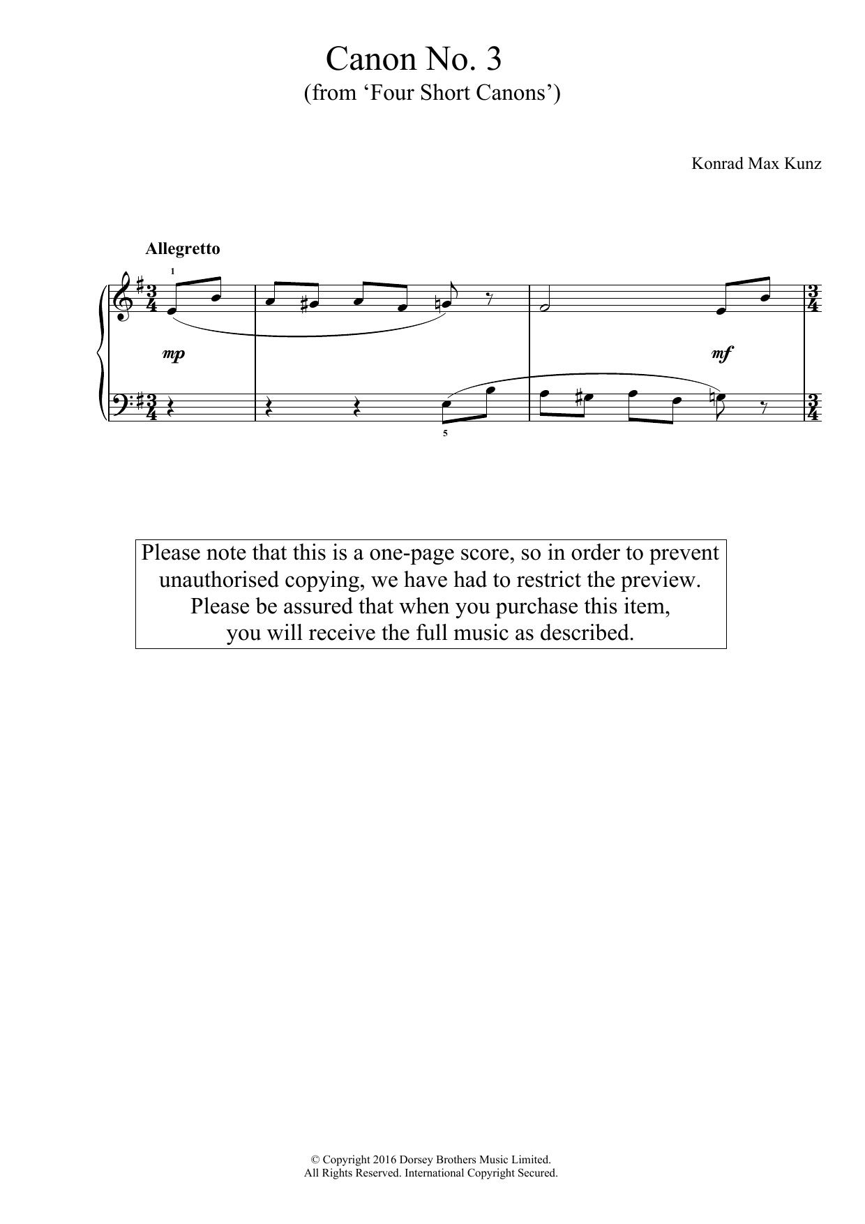 Download Konrad Max Kunz Canon No. 3 (from ‘Four Short Canons') Sheet Music and learn how to play Easy Piano PDF digital score in minutes