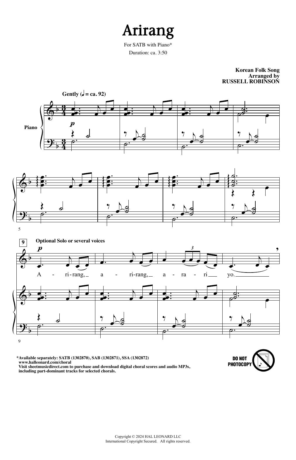 Download Korean folk song Arirang (arr. Russell Robinson) Sheet Music and learn how to play SSA Choir PDF digital score in minutes
