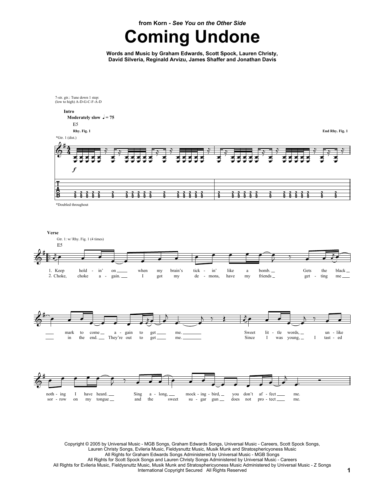 Download Korn Coming Undone Sheet Music and learn how to play Guitar Tab PDF digital score in minutes