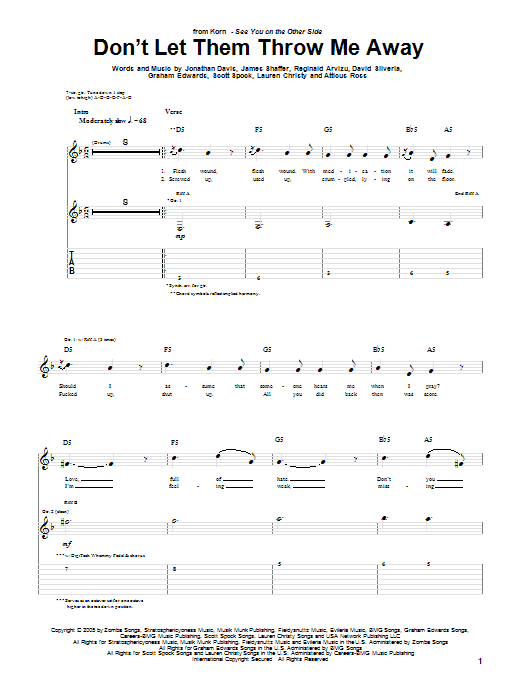 Download Korn Don't Let Them Throw Me Away Sheet Music and learn how to play Guitar Tab PDF digital score in minutes
