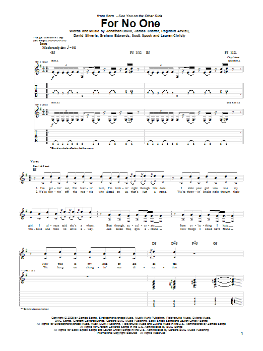 Download Korn For No One Sheet Music and learn how to play Guitar Tab PDF digital score in minutes