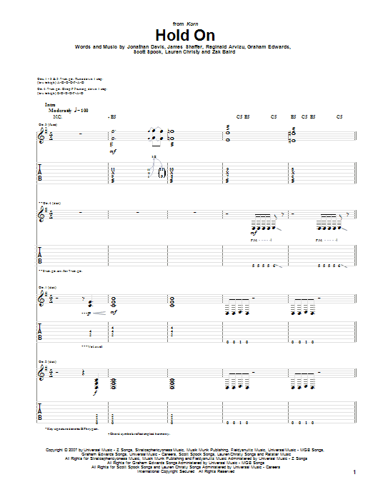 Download Korn Hold On Sheet Music and learn how to play Guitar Tab PDF digital score in minutes