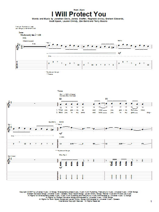 Download Korn I Will Protect You Sheet Music and learn how to play Guitar Tab PDF digital score in minutes