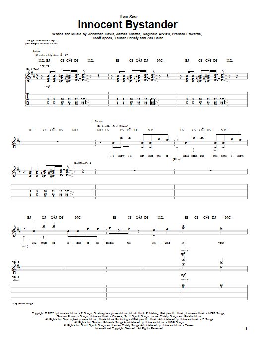 Download Korn Innocent Bystander Sheet Music and learn how to play Guitar Tab PDF digital score in minutes