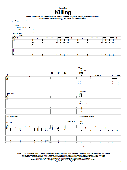 Download Korn Killing Sheet Music and learn how to play Guitar Tab PDF digital score in minutes