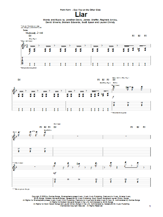 Download Korn Liar Sheet Music and learn how to play Guitar Tab PDF digital score in minutes