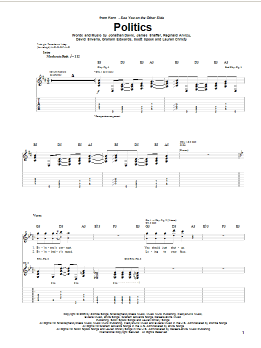 Download Korn Politics Sheet Music and learn how to play Guitar Tab PDF digital score in minutes