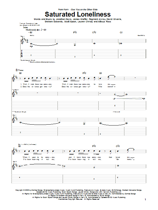 Download Korn Saturated Loneliness Sheet Music and learn how to play Guitar Tab PDF digital score in minutes