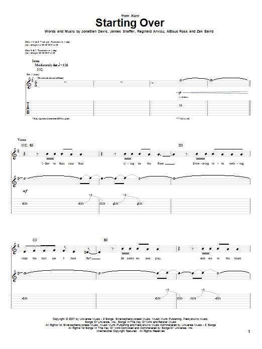 Download Korn Starting Over Sheet Music and learn how to play Guitar Tab PDF digital score in minutes