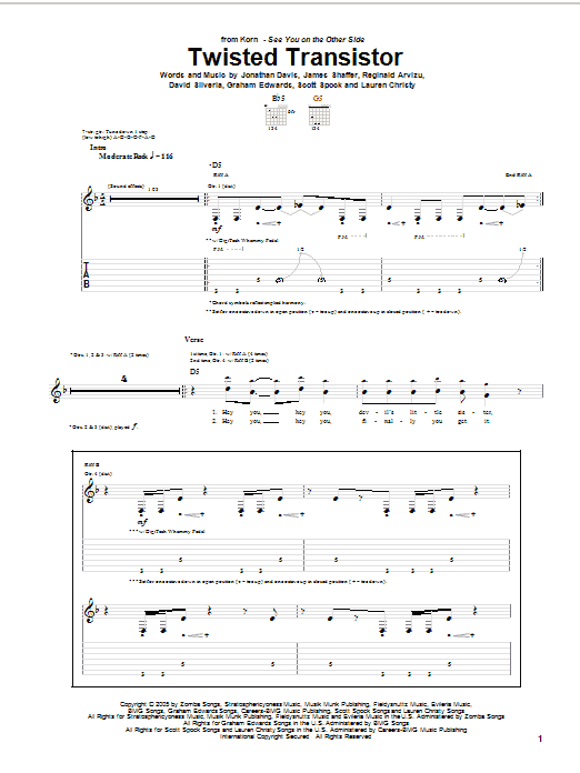 Download Korn Twisted Transistor Sheet Music and learn how to play Guitar Tab PDF digital score in minutes