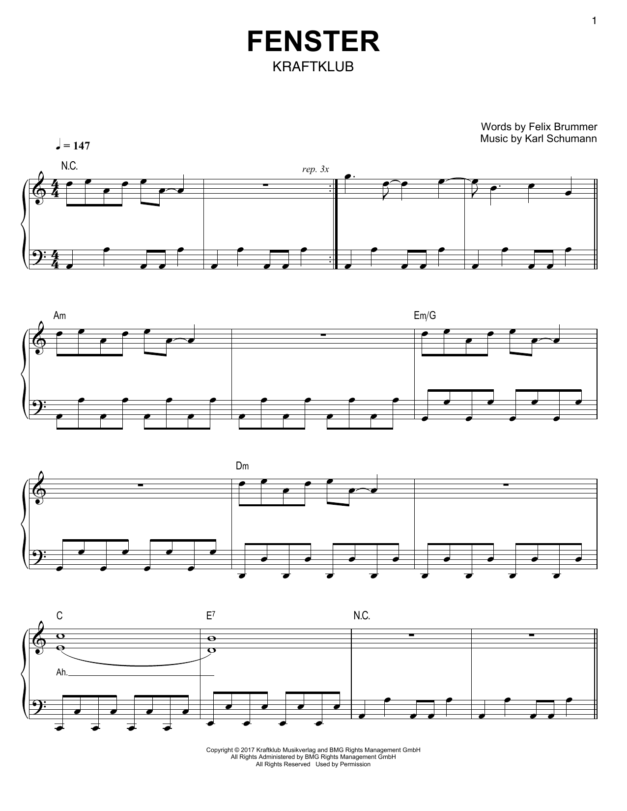 Download Kraftklub Fenster Sheet Music and learn how to play Easy Piano PDF digital score in minutes