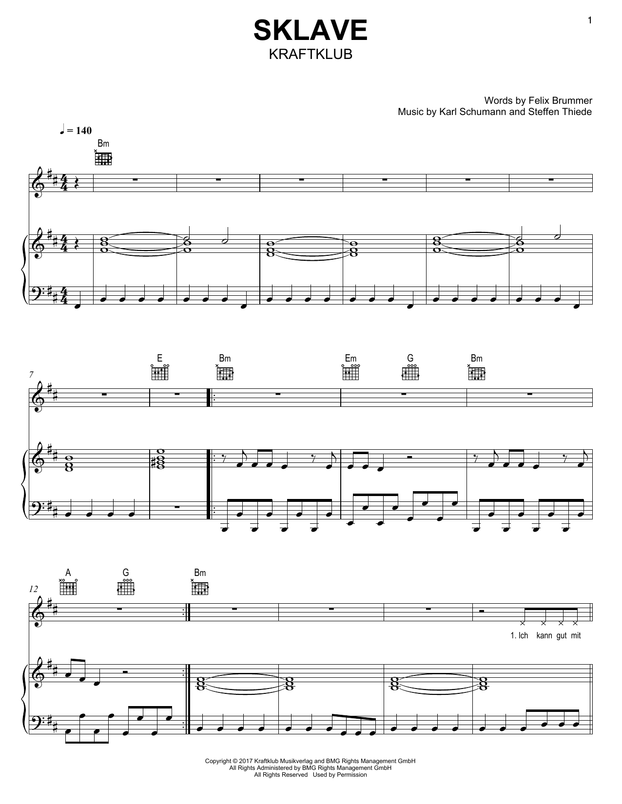 Download Kraftklub Sklave Sheet Music and learn how to play Piano, Vocal & Guitar Chords (Right-Hand Melody) PDF digital score in minutes