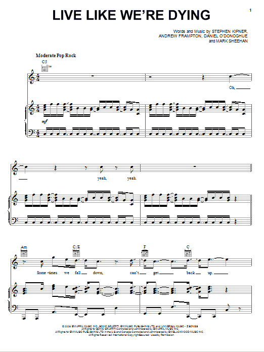 Download Kris Allen Live Like We're Dying Sheet Music and learn how to play Piano, Vocal & Guitar (Right-Hand Melody) PDF digital score in minutes