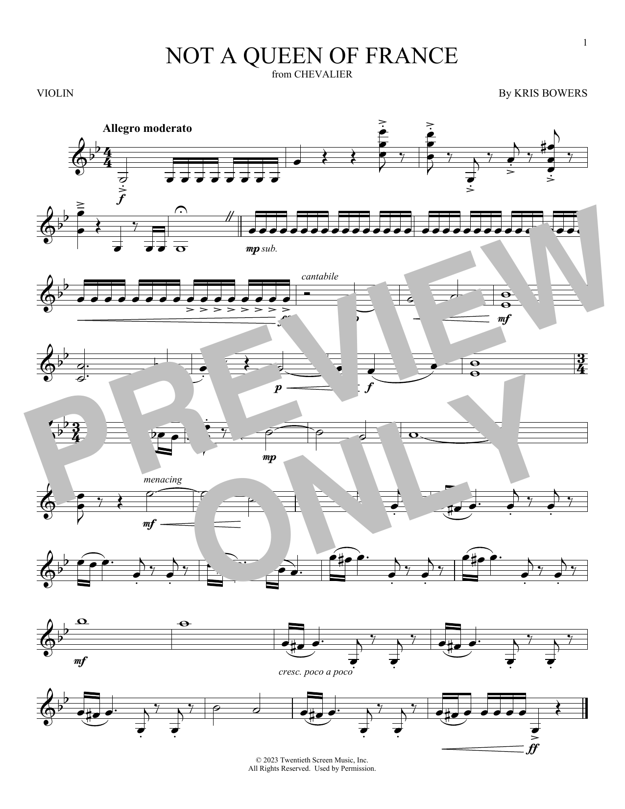 Download Kris Bowers Not A Queen Of France (from Chevalier) Sheet Music and learn how to play Violin Solo PDF digital score in minutes