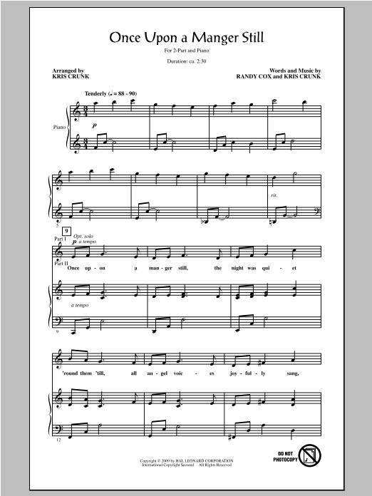 Download Randy Cox Once Upon A Manger Still (arr. Kris Crunk) Sheet Music and learn how to play 2-Part Choir PDF digital score in minutes