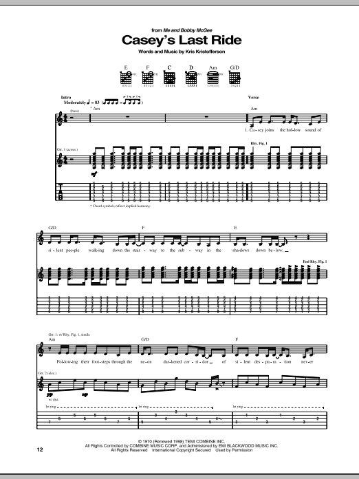 Download Kris Kristofferson Casey's Last Ride Sheet Music and learn how to play Guitar Tab PDF digital score in minutes