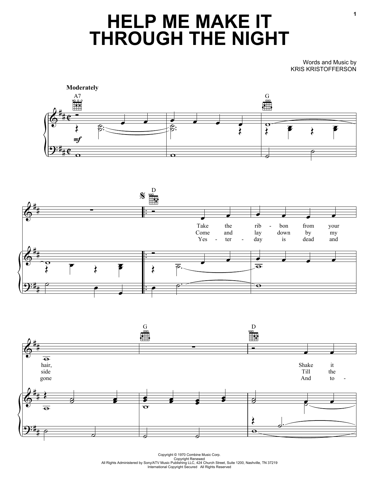 Download Kris Kristofferson Help Me Make It Through The Night Sheet Music and learn how to play Piano, Vocal & Guitar (Right-Hand Melody) PDF digital score in minutes
